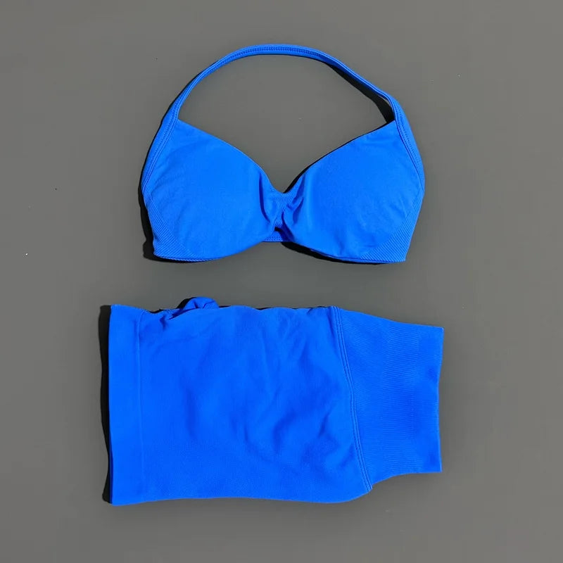 Gym Set 2 Piece Women Strappy Yoga Bra Top Workout Scrunch Shorts Sports Suit Fitness Clothes Seamless Yoga Set