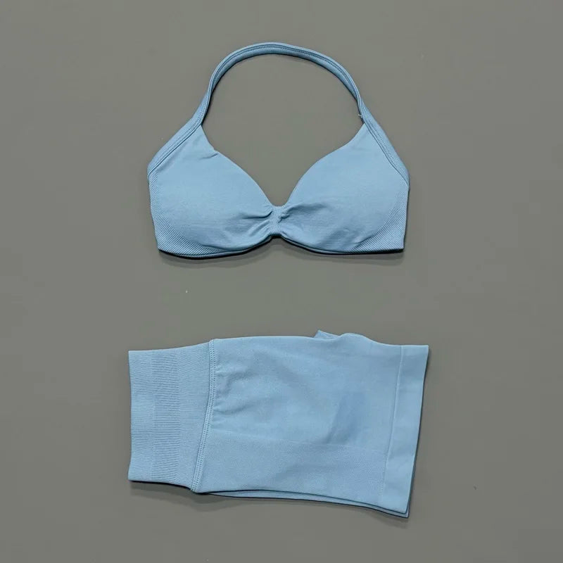 Gym Set 2 Piece Women Strappy Yoga Bra Top Workout Scrunch Shorts Sports Suit Fitness Clothes Seamless Yoga Set