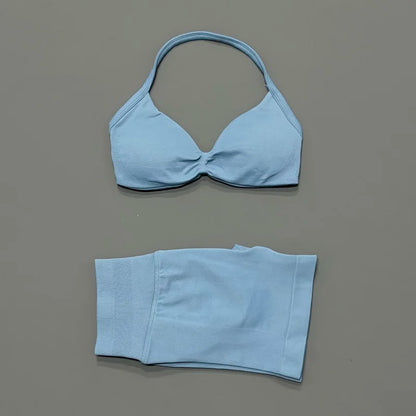 Gym Set 2 Piece Women Strappy Yoga Bra Top Workout Scrunch Shorts Sports Suit Fitness Clothes Seamless Yoga Set