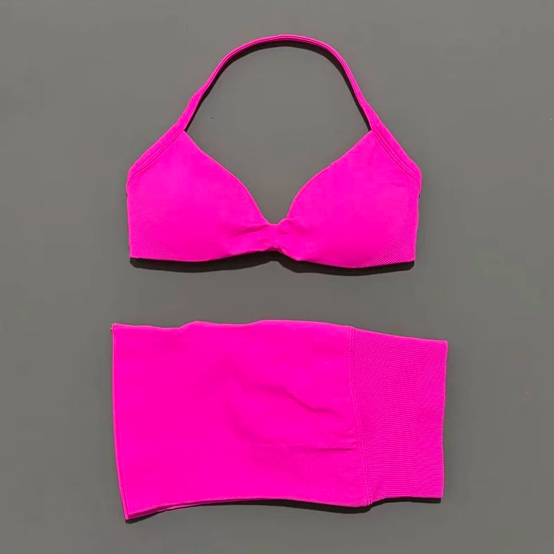 Gym Set 2 Piece Women Strappy Yoga Bra Top Workout Scrunch Shorts Sports Suit Fitness Clothes Seamless Yoga Set