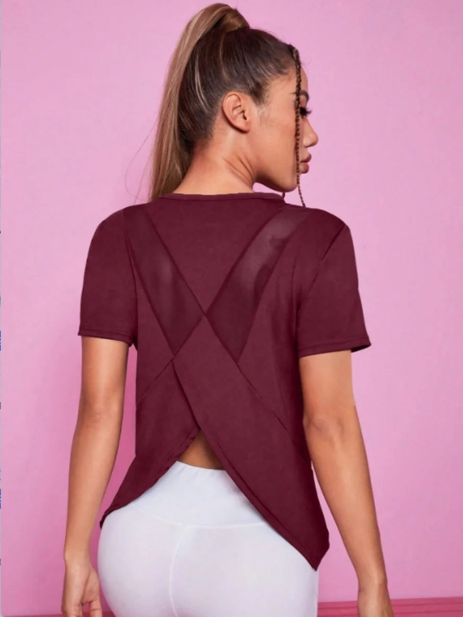 Yoga outfit women's summer sports T-shirt loose breathable quick drying top mesh back training fitness short sleeved