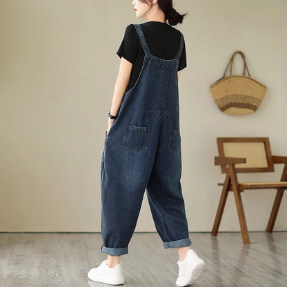 Vintage Patchwork Blue Denim Overalls Casual Loose Jumpsuit
