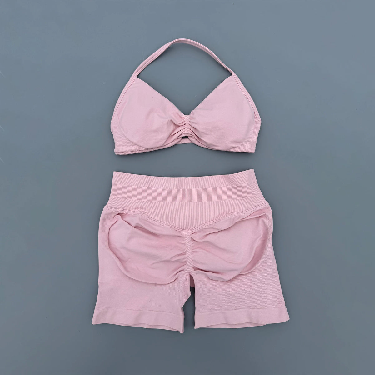 2 Pieces Yoga Gym Set Women Seamless Strappy Ruched Backless Halter Yoga Bra High Waist Workout Scrunch Shorts Sport Set Fitness