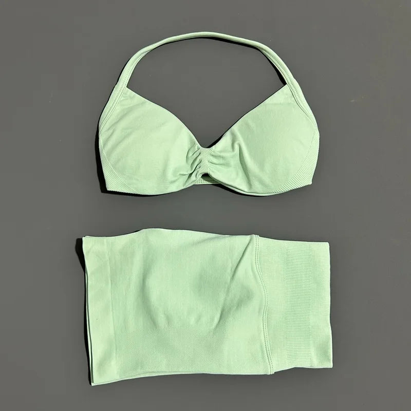 Gym Set 2 Piece Women Strappy Yoga Bra Top Workout Scrunch Shorts Sports Suit Fitness Clothes Seamless Yoga Set
