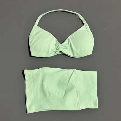 Gym Set 2 Piece Women Strappy Yoga Bra Top Workout Scrunch Shorts Sports Suit Fitness Clothes Seamless Yoga Set