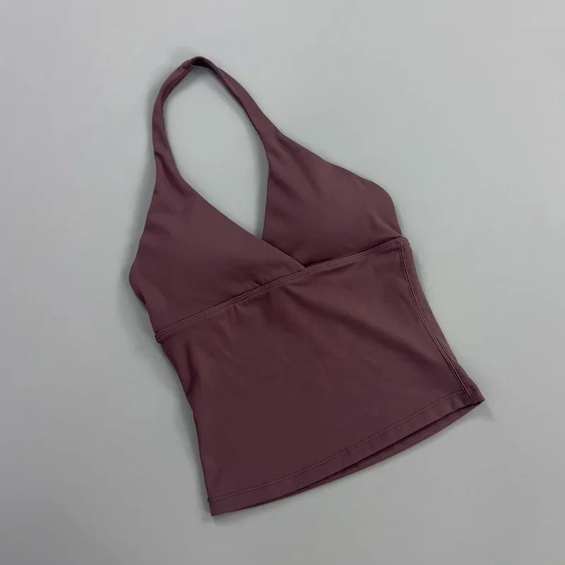 Top Deep V Neck Padded Sleeveless Workout Crop Tank Fitness Yoga Camisole Activewear