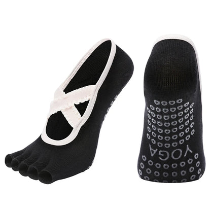 Women Five Fingers Yoga Socks Breathable Cross Straps Pilates Sock Silicone Grip Anti Slip Lace Dance Socks for Fitness Sport