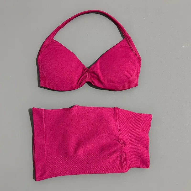 Gym Set 2 Piece Women Strappy Yoga Bra Top Workout Scrunch Shorts Sports Suit Fitness Clothes Seamless Yoga Set