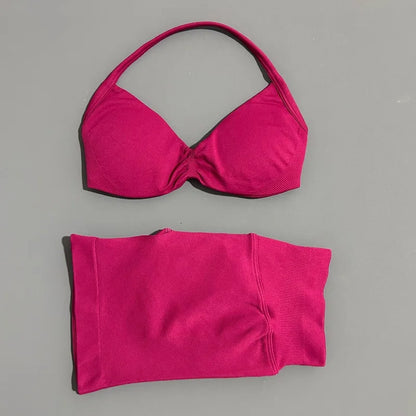 Gym Set 2 Piece Women Strappy Yoga Bra Top Workout Scrunch Shorts Sports Suit Fitness Clothes Seamless Yoga Set