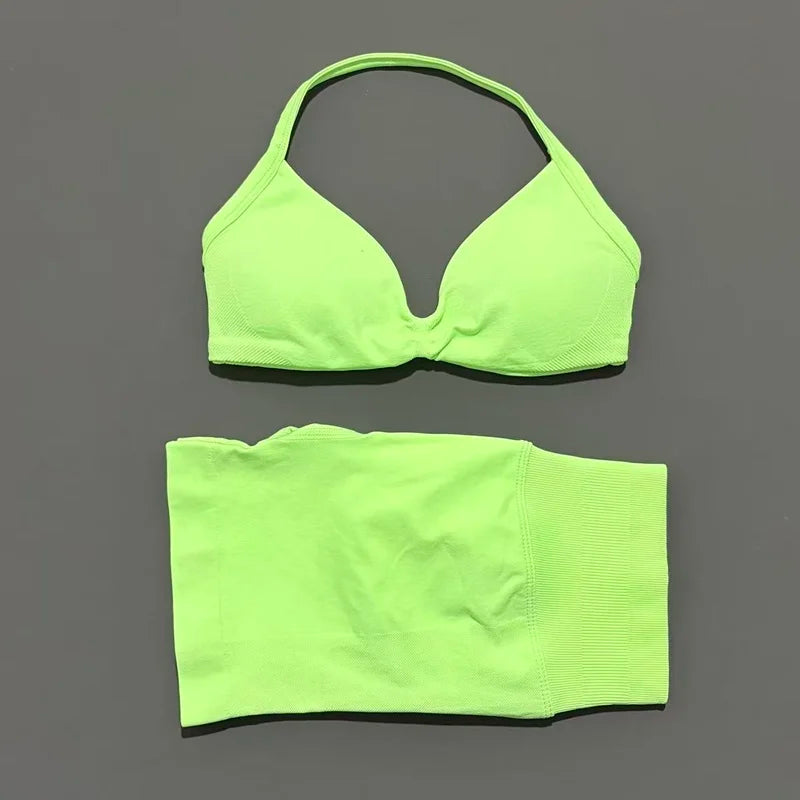 Gym Set 2 Piece Women Strappy Yoga Bra Top Workout Scrunch Shorts Sports Suit Fitness Clothes Seamless Yoga Set