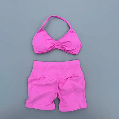 2 Pieces Yoga Gym Set Women Seamless Strappy Ruched Backless Halter Yoga Bra High Waist Workout Scrunch Shorts Sport Set Fitness