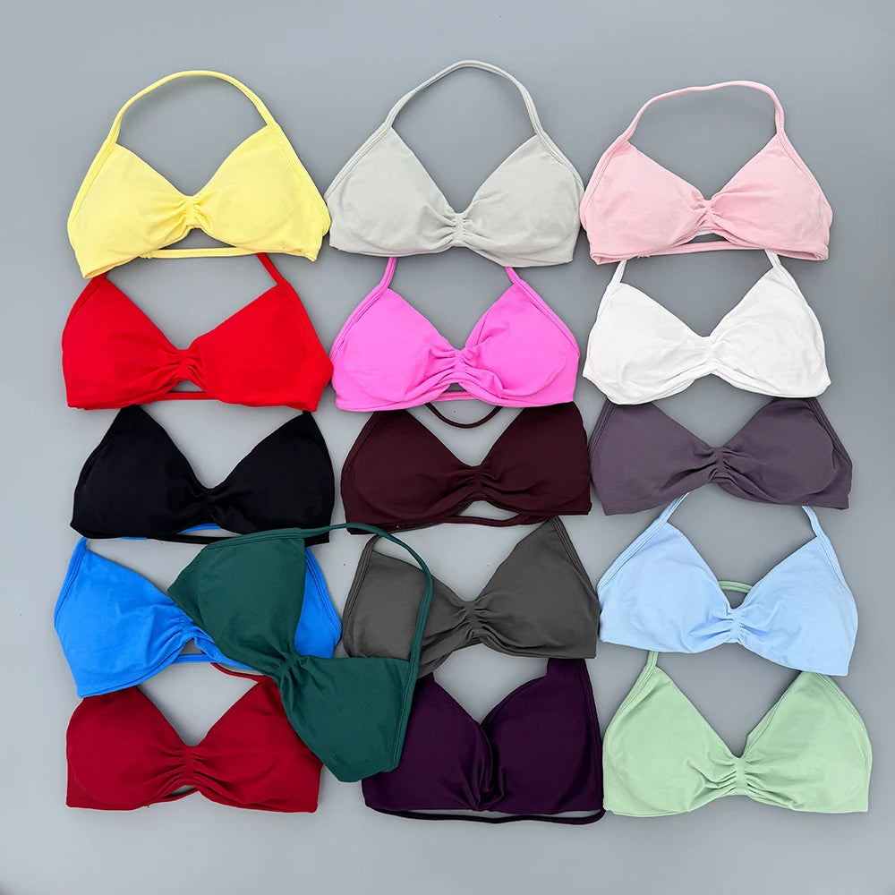 Strappy Bra Gym Top Women High Support Thin Strap Seamless Halter Sports Bras Scrunch Workout Yoga Underwear With Pads