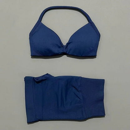 Gym Set 2 Piece Women Strappy Yoga Bra Top Workout Scrunch Shorts Sports Suit Fitness Clothes Seamless Yoga Set