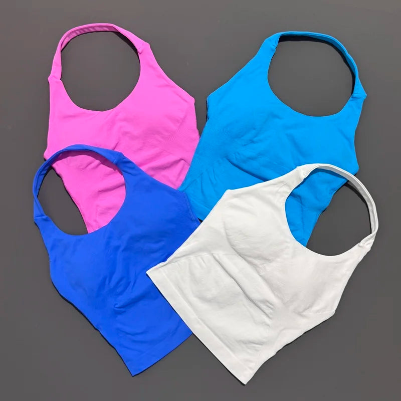 Histello Longline Strappy Top Women Sports Tank Halter Seamless Ruched Backless Gym Activewear Workout Yoga Fitness Tops