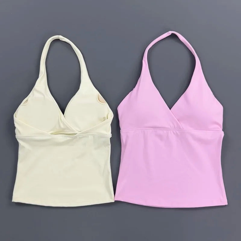 Top Deep V Neck Padded Sleeveless Workout Crop Tank Fitness Yoga Camisole Activewear