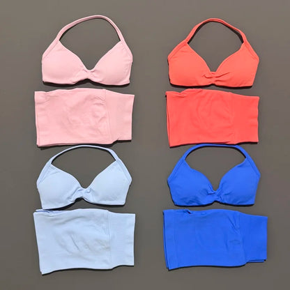 Gym Set 2 Piece Women Strappy Yoga Bra Top Workout Scrunch Shorts Sports Suit Fitness Clothes Seamless Yoga Set