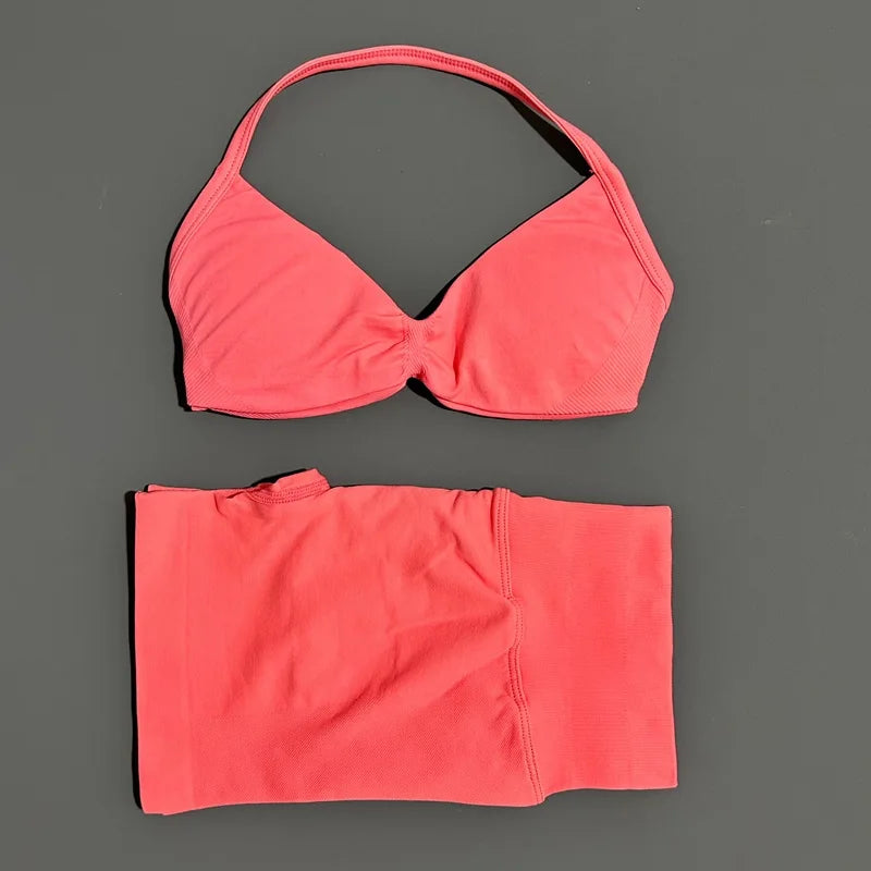 Gym Set 2 Piece Women Strappy Yoga Bra Top Workout Scrunch Shorts Sports Suit Fitness Clothes Seamless Yoga Set