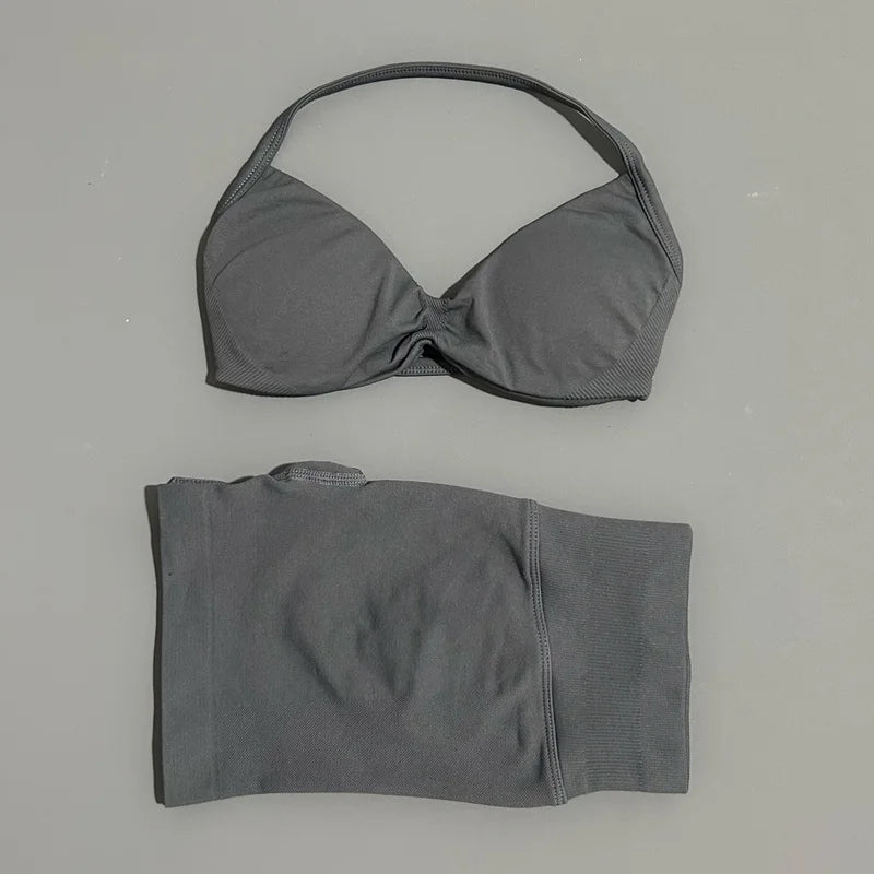 Gym Set 2 Piece Women Strappy Yoga Bra Top Workout Scrunch Shorts Sports Suit Fitness Clothes Seamless Yoga Set