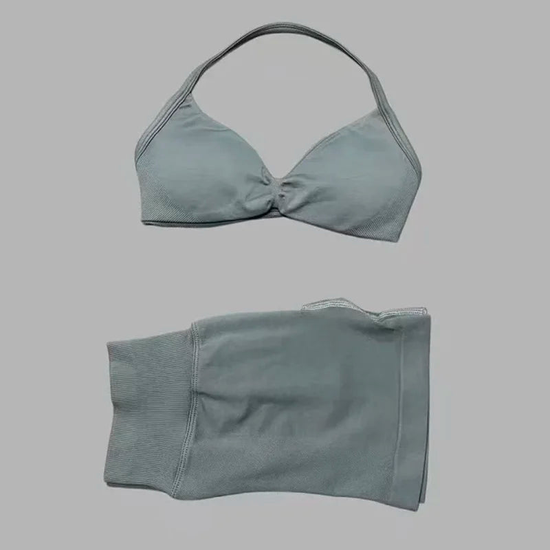 Gym Set 2 Piece Women Strappy Yoga Bra Top Workout Scrunch Shorts Sports Suit Fitness Clothes Seamless Yoga Set