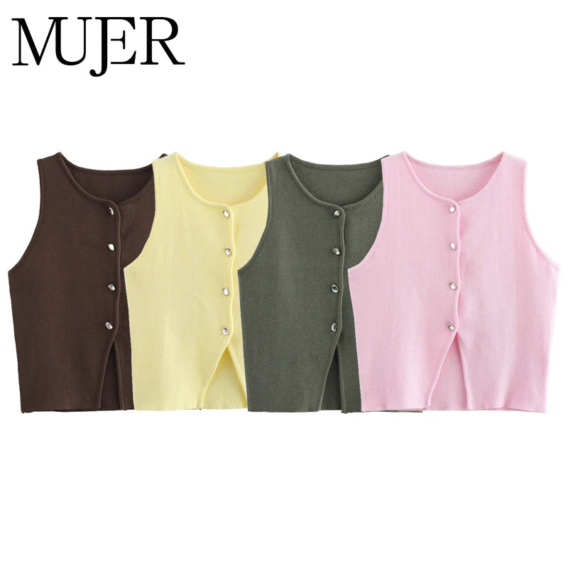 Top Women Yellow Button Vests Women Streetwear Waistcoat Knitwears