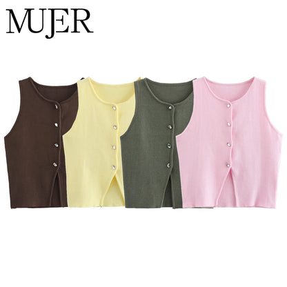 Top Women Yellow Button Vests Women Streetwear Waistcoat Knitwears