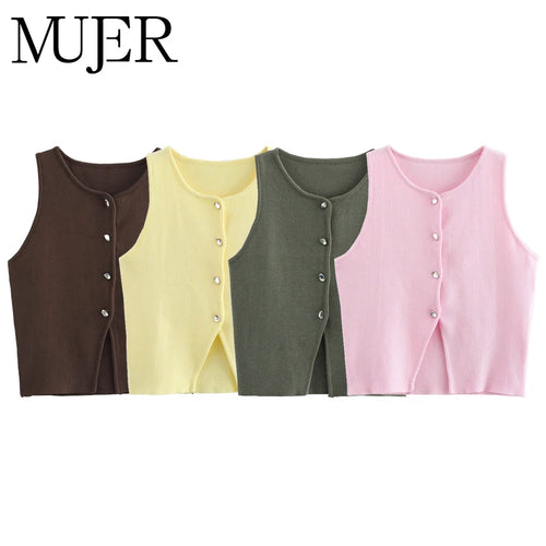Top Women Yellow Button Vests Women Streetwear Waistcoat Knitwears