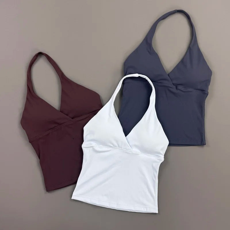 Top Deep V Neck Padded Sleeveless Workout Crop Tank Fitness Yoga Camisole Activewear
