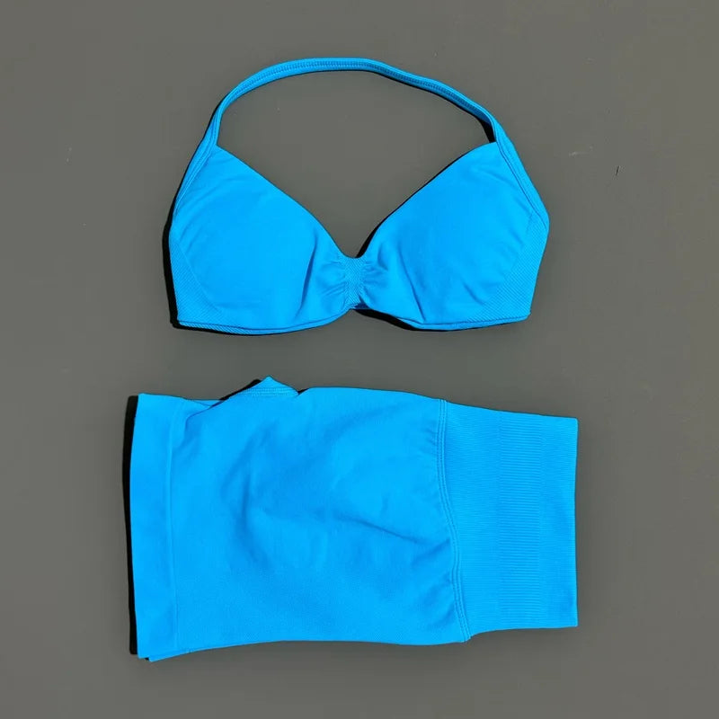 Gym Set 2 Piece Women Strappy Yoga Bra Top Workout Scrunch Shorts Sports Suit Fitness Clothes Seamless Yoga Set