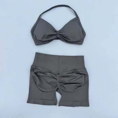 2 Pieces Yoga Gym Set Women Seamless Strappy Ruched Backless Halter Yoga Bra High Waist Workout Scrunch Shorts Sport Set Fitness
