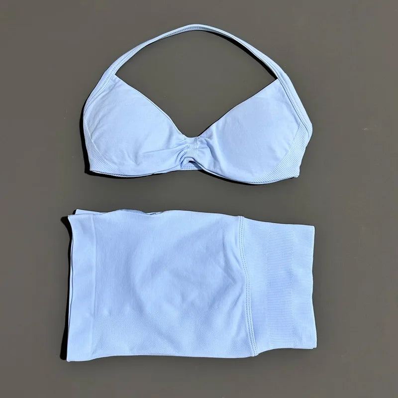 Gym Set 2 Piece Women Strappy Yoga Bra Top Workout Scrunch Shorts Sports Suit Fitness Clothes Seamless Yoga Set