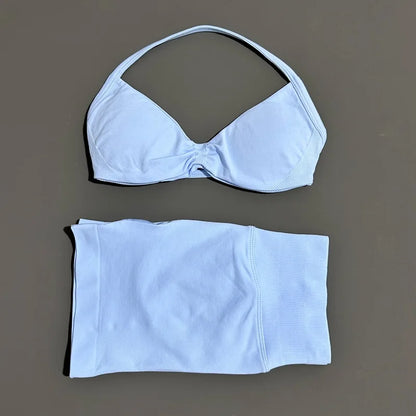 Gym Set 2 Piece Women Strappy Yoga Bra Top Workout Scrunch Shorts Sports Suit Fitness Clothes Seamless Yoga Set