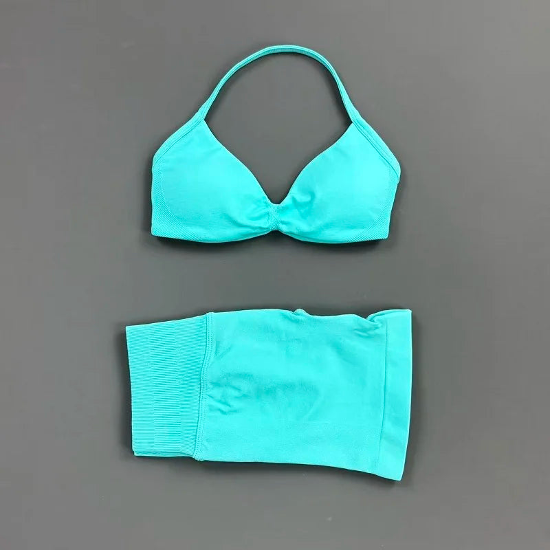 Gym Set 2 Piece Women Strappy Yoga Bra Top Workout Scrunch Shorts Sports Suit Fitness Clothes Seamless Yoga Set