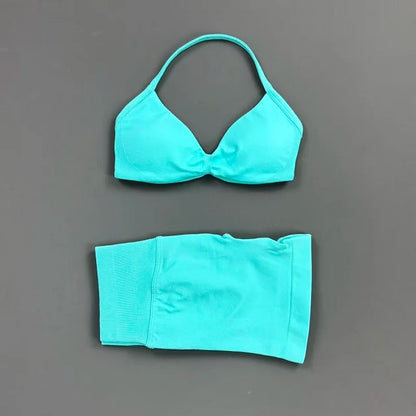 Gym Set 2 Piece Women Strappy Yoga Bra Top Workout Scrunch Shorts Sports Suit Fitness Clothes Seamless Yoga Set