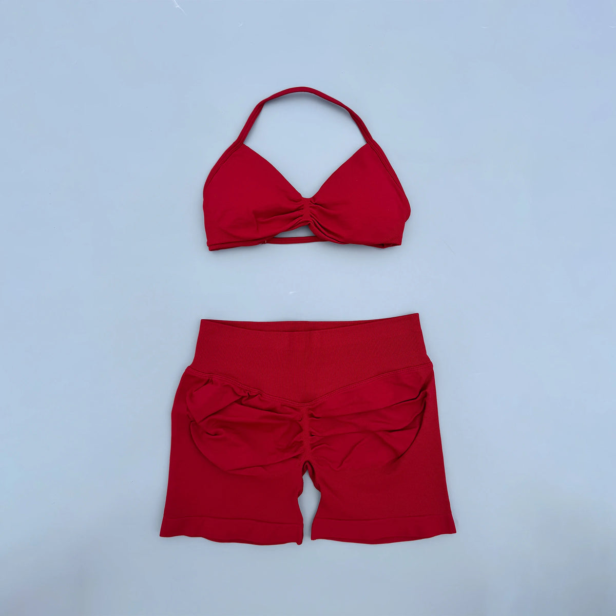 2 Pieces Yoga Gym Set Women Seamless Strappy Ruched Backless Halter Yoga Bra High Waist Workout Scrunch Shorts Sport Set Fitness