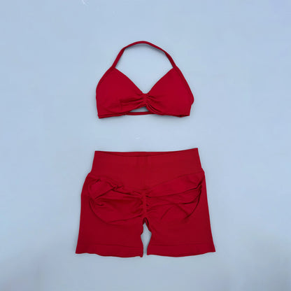 2 Pieces Yoga Gym Set Women Seamless Strappy Ruched Backless Halter Yoga Bra High Waist Workout Scrunch Shorts Sport Set Fitness