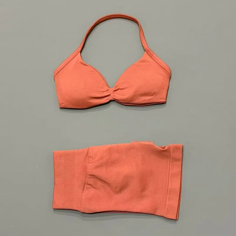 Gym Set 2 Piece Women Strappy Yoga Bra Top Workout Scrunch Shorts Sports Suit Fitness Clothes Seamless Yoga Set