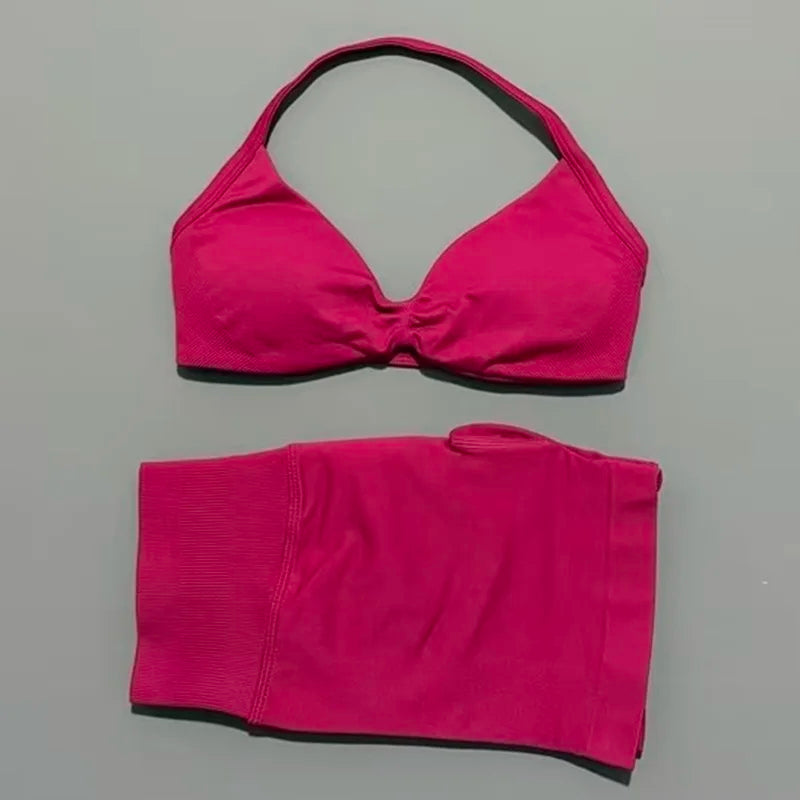 Gym Set 2 Piece Women Strappy Yoga Bra Top Workout Scrunch Shorts Sports Suit Fitness Clothes Seamless Yoga Set