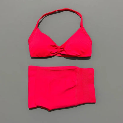 Gym Set 2 Piece Women Strappy Yoga Bra Top Workout Scrunch Shorts Sports Suit Fitness Clothes Seamless Yoga Set
