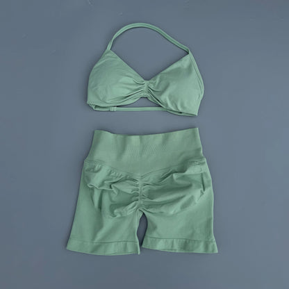 2 Pieces Yoga Gym Set Women Seamless Strappy Ruched Backless Halter Yoga Bra High Waist Workout Scrunch Shorts Sport Set Fitness